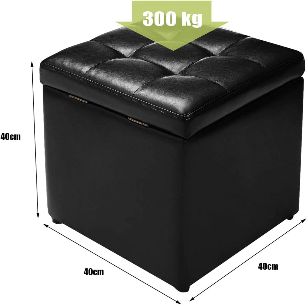 Pouf Cubo Poggiapiedi, Sgabello Quadrato Contenitore, Ottomana con Coperchio, con Vano Portaoggetti, Piedini Antiscivolo, Portata di 300 kg, 40 x 40 x 40 cm, Nero/Marrone/Bianco