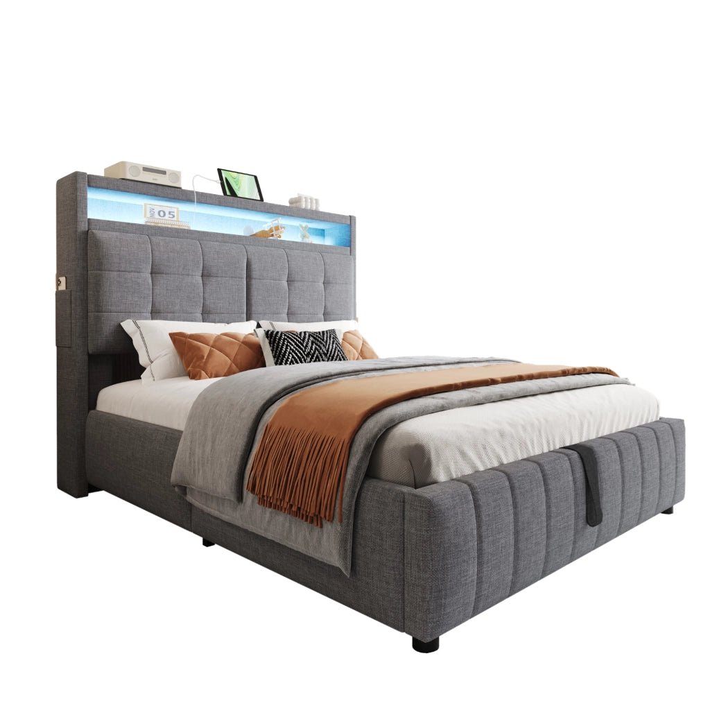 DESMIU Letto matrimoniale 140 × 200 cm con LED, USB, contenitore idraulico e ripiani, senza materasso, grigio