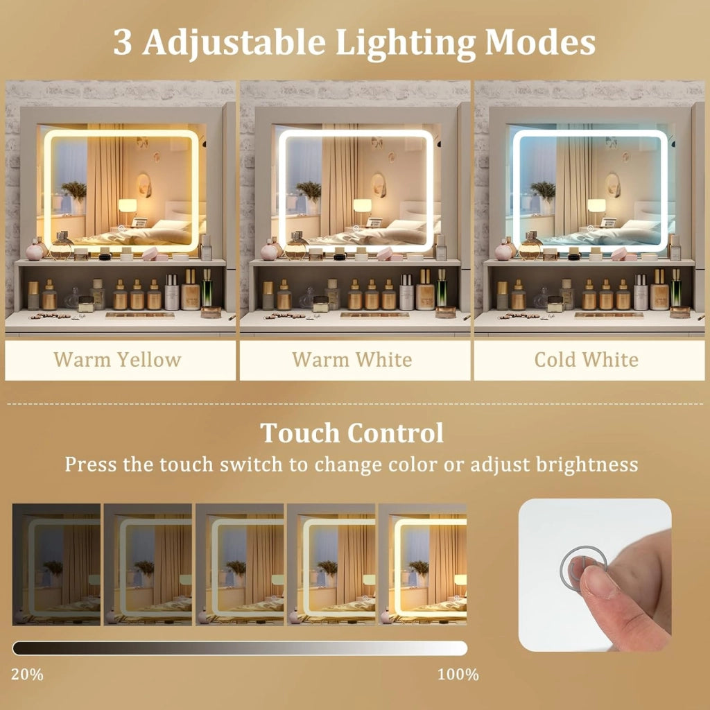 Set da toeletta con specchio illuminato regolabile in 3 modalità, tavolo da trucco con stazione di ricarica e armadio di gioielli, toeletta da trucco con sgabello imbottito, bianco