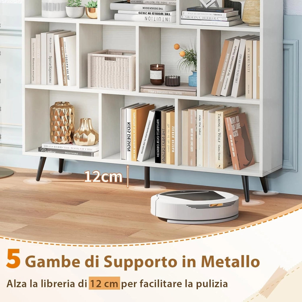 Libreria a 10 Cubi, Organizzatore di Stoccaggio Moderno con 5 Gambe di Metallo, Scaffale per Esposizione con 2 Kit Anti-Ribaltamento per Soggiorno Studio Camera da Letto, Bianco (120x24x107cm)