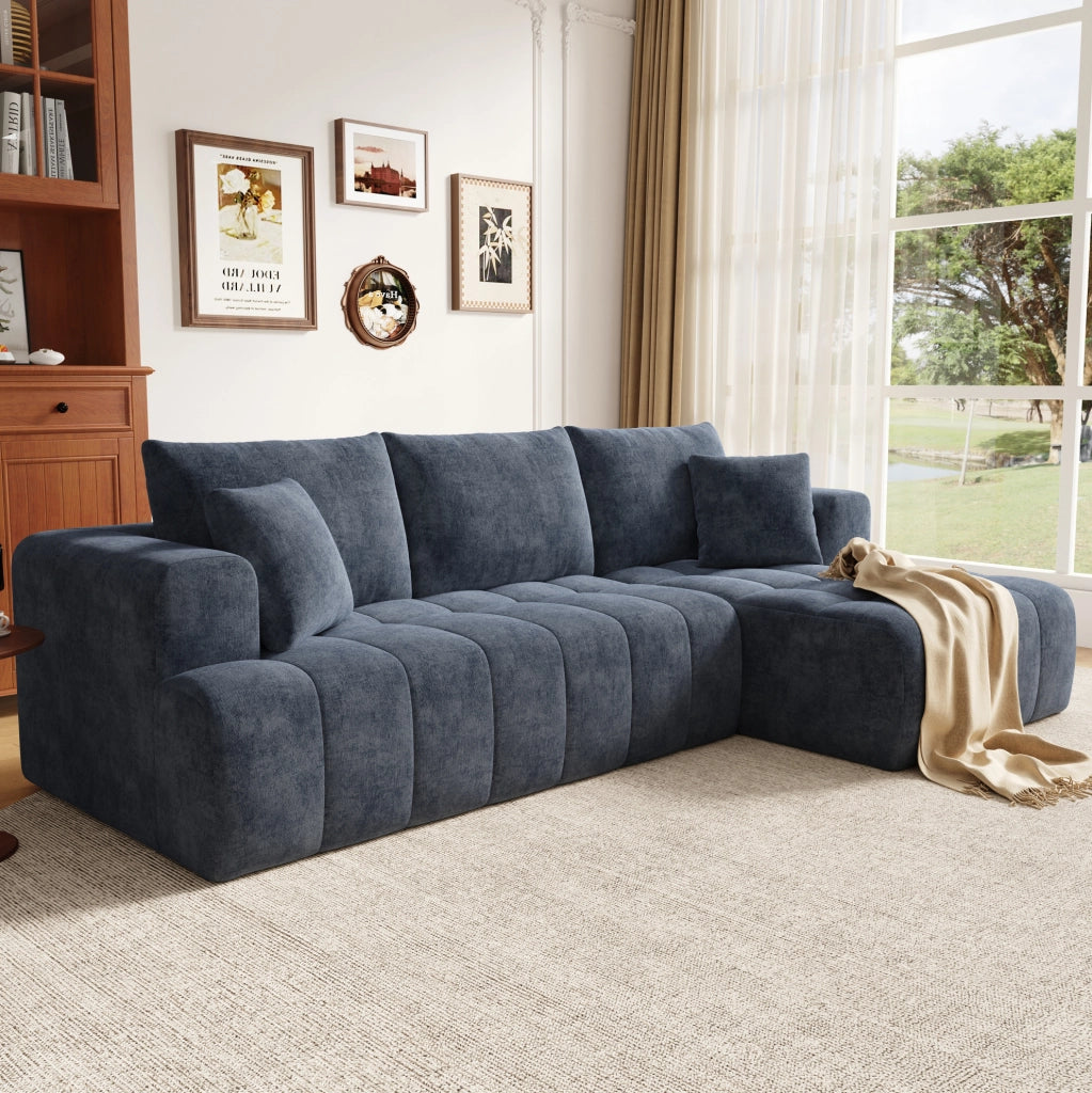 Divano angolare modulare a L 244;5x136x79 cm in ciniglia blu con 2 cuscini