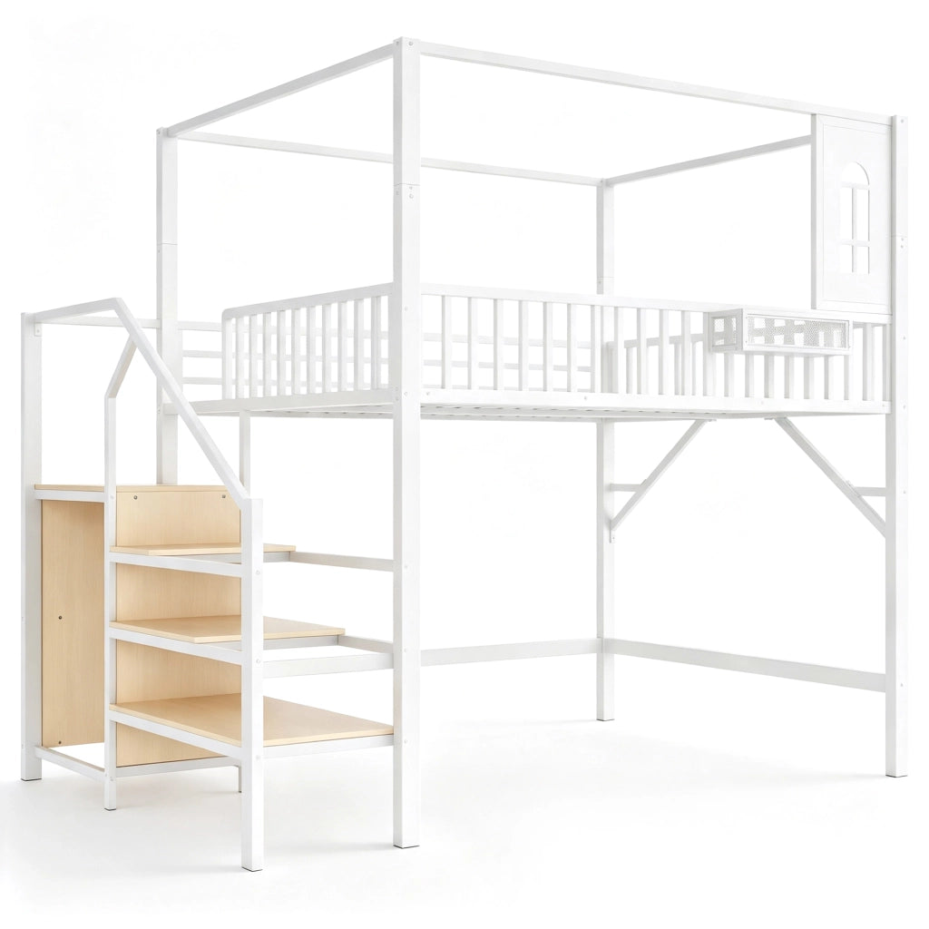 Letto a soppalco in metallo con struttura superiore e scala, 140x200 cm