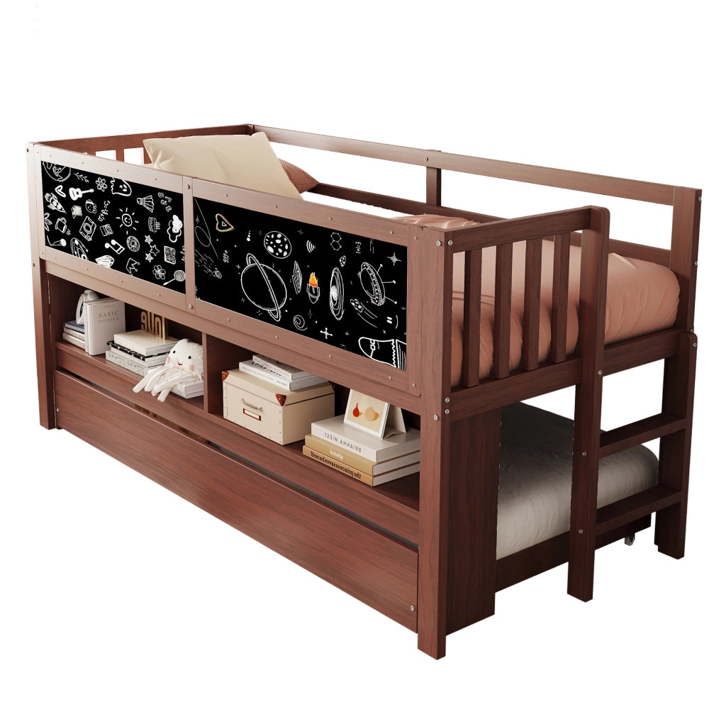 DESMIU Letto Bambino 1 Posto con Letto Estraibile, Lavagna, Scaffali e Scaletta 90 × 200 cm, Senza Materasso