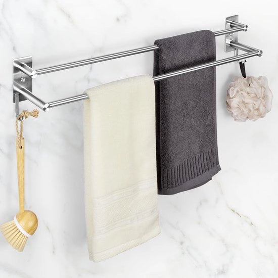 Sostegno asciugamano senza forare Doppio asciugamano in acciaio inossidabile SUS304 per bagno Asciugamano autoadesivo con chiodi in parete Asciugamano per bagno per cucina e camera da letto (argento, 60 cm) - 2