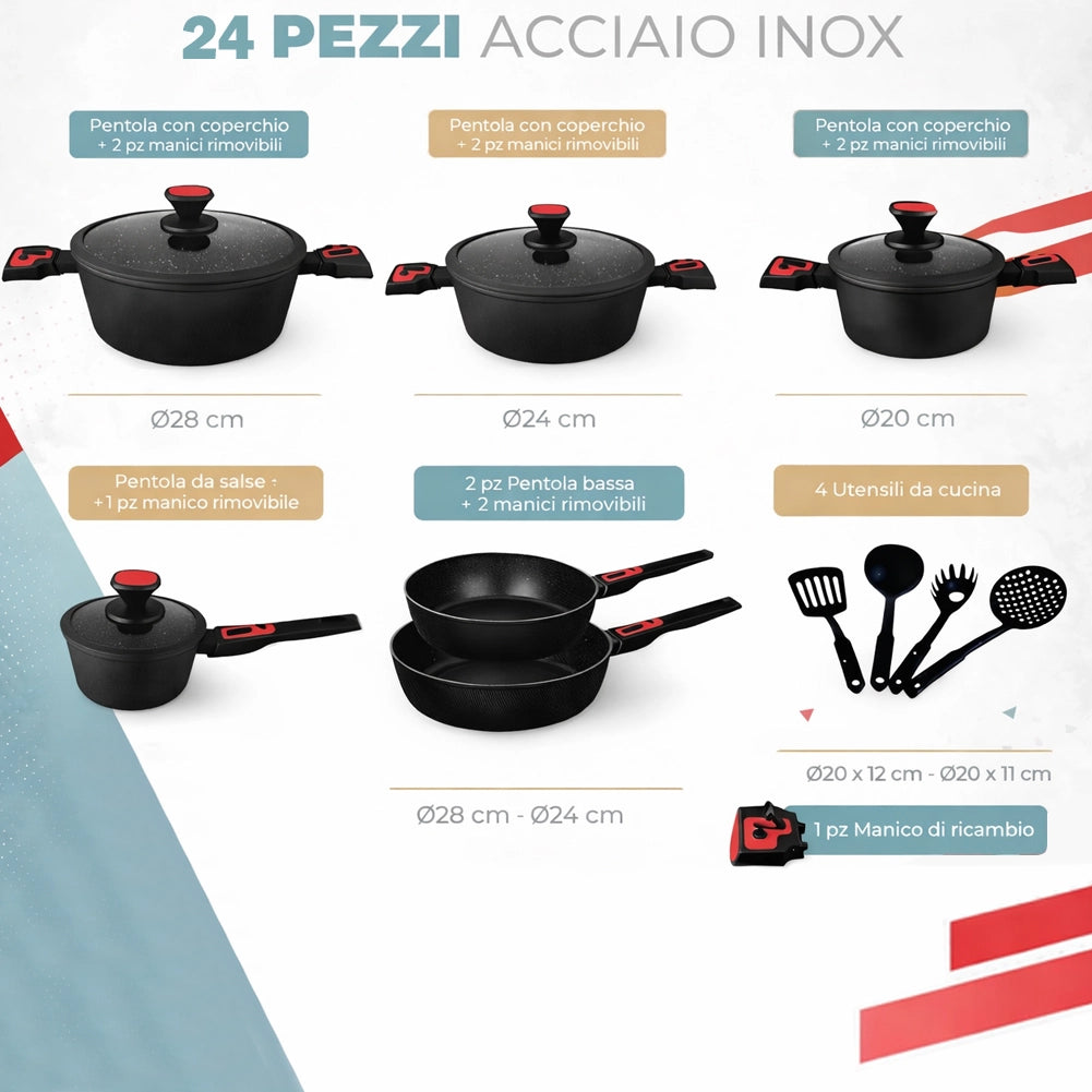 Batteria Pentole Rubino Suprem 24PZ Alluminio Pressofuso Nero Manici Removibili