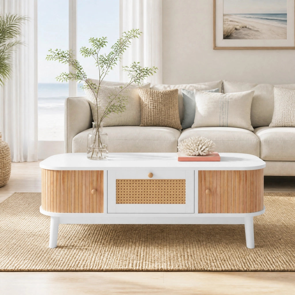 Tavolino da caffè 110x55 cm bianco e legno con contenitore