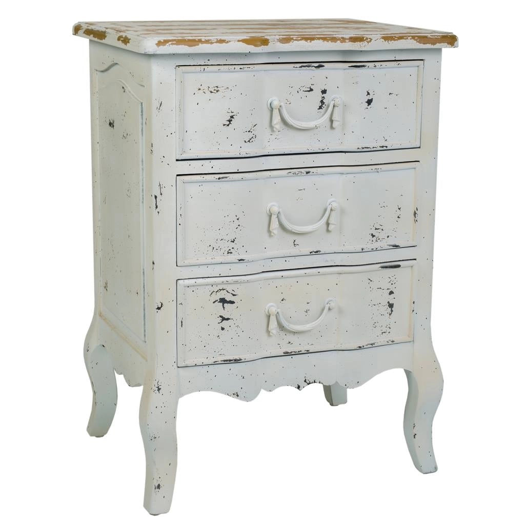 Comodino in legno laccato bianco invecchiato, dimensioni 50x40x70 cm.