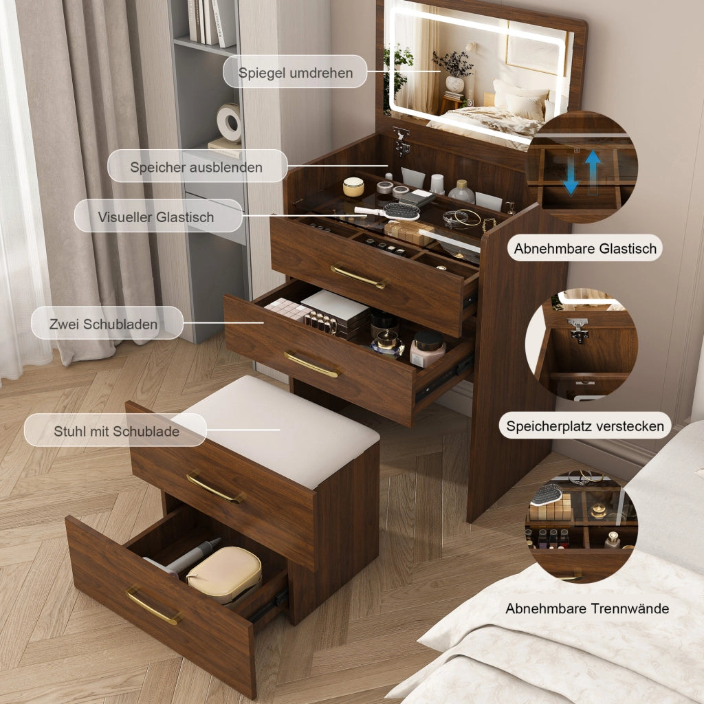 Toeletta 3 in 1 con specchio apribile, sgabello e piano in vetro