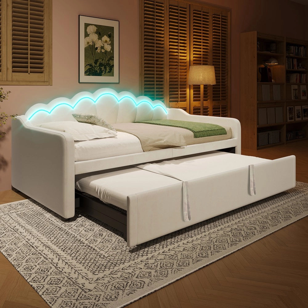 Letto Singolo Estraibile Divano Matrimoniale con LED ¨C MINIMAL ¨C Velluto Beige 90x200cm