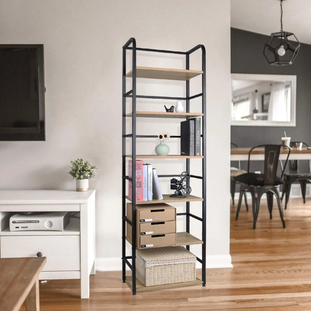 Scaffale Libreria a 6 Livelli, Libreria Verticale Struttura in Metallo, per Soggiorno/Camera da Letto/Studio, 50x30x176cm, Nero + Rovere Chiaro, RGB11hei