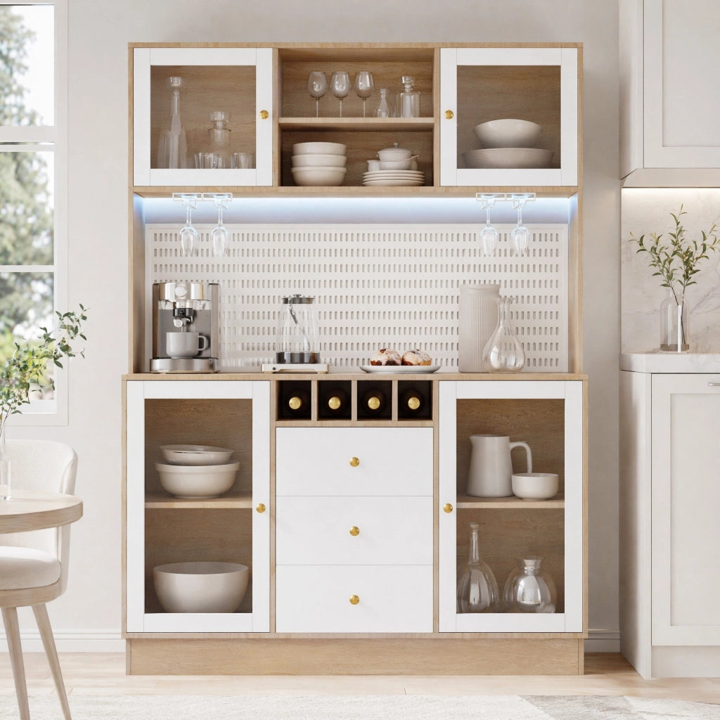 Colonna da cucina con LED, porta calici e ripiani regolabili, MDF e vetro, bianco 140 × 40 × 185,7 cm
