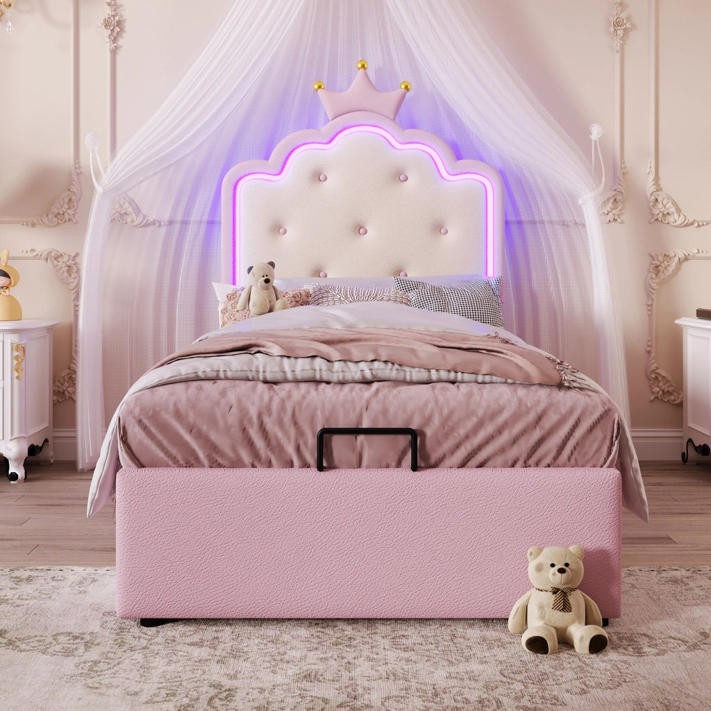 OKWISH Letto Bambini 90×200 cm, Letto Singolo con Contenitore Idraulico, LED Regolabile e Telecomando, senza Materasso, in PU, Rosa
