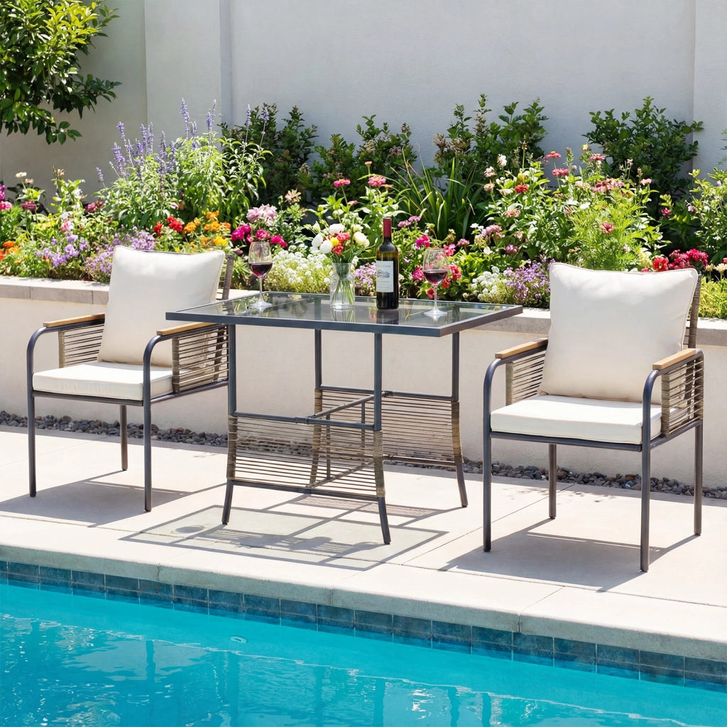 Set bistro vimini 3 pezzi rattan tavolo rettangolare sedie-Set pranzo esterni salvaspazio cuscini patio balcone veranda Bianco