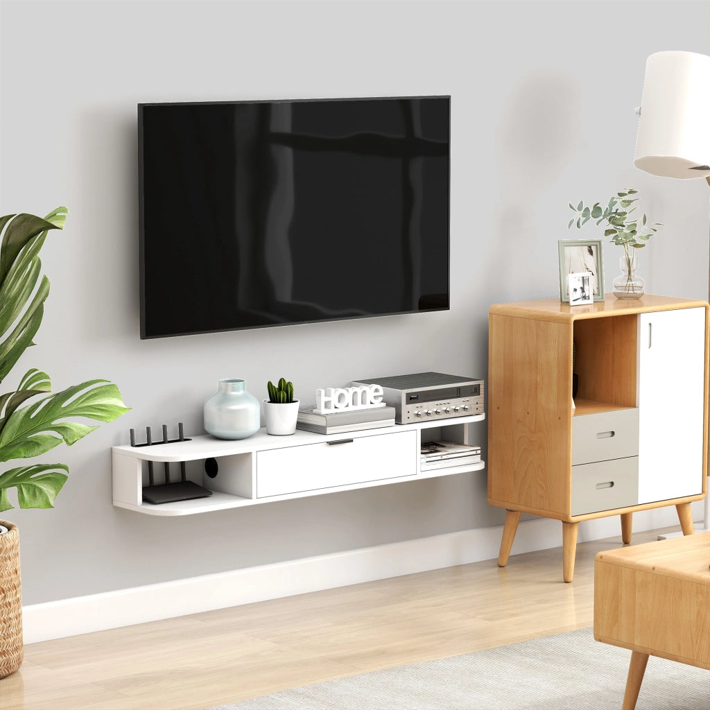 Mobile TV sospeso a parete ¨C Xylo ¨C Bianco con cassetto e 2 ripiani 120x24x16cm