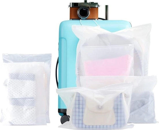 Organizzatore per bagagli con 24 tasche riutilizzabili, sacchetti di plastica respiranti per abbigliamento, scarpe e cosmetici - 6 misure