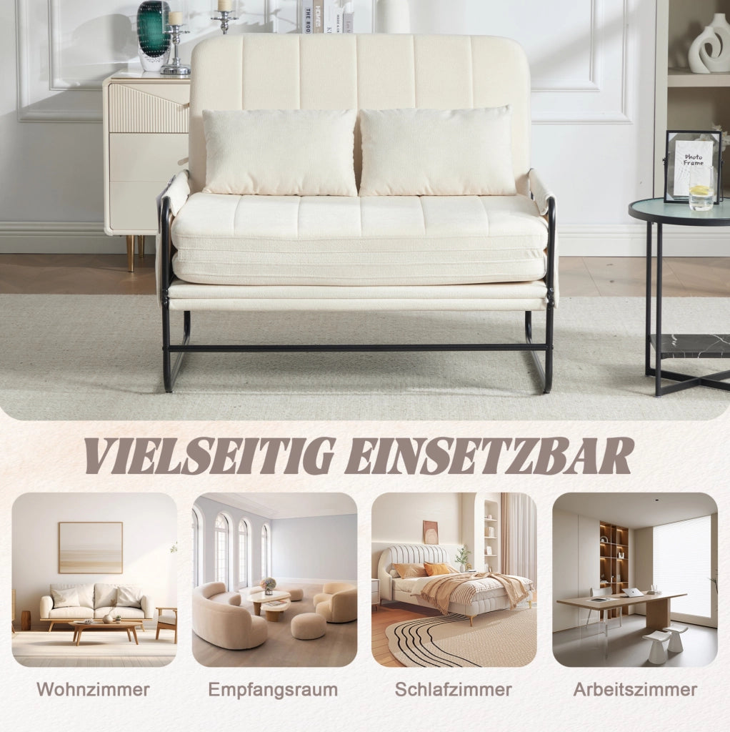 Divano letto 2 posti trasformabile 104x85x92 cm in chenille beige con struttura in metallo