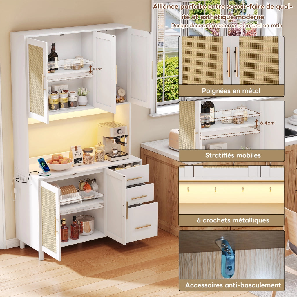 Credenza da Cucina con 5 Ante; 3 Cassetti; 2 Ripiani Regolabili; LED; Prese e USB; in MDF; Bianco