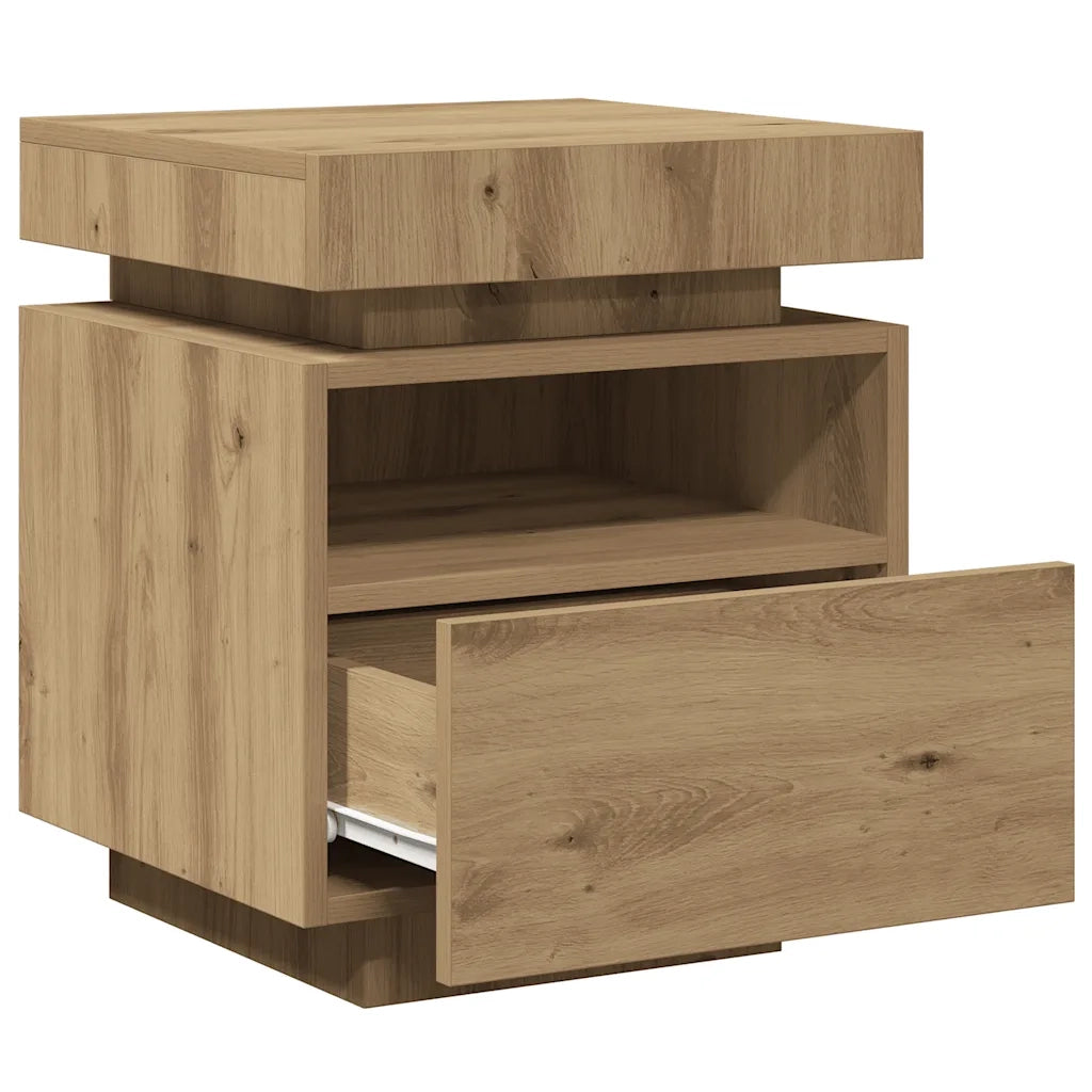 Set di 2 Comodini | Armadio da Notte | Mobiletto da notte con Luci LED Rovere Artigianale 40x39x48,5 cm