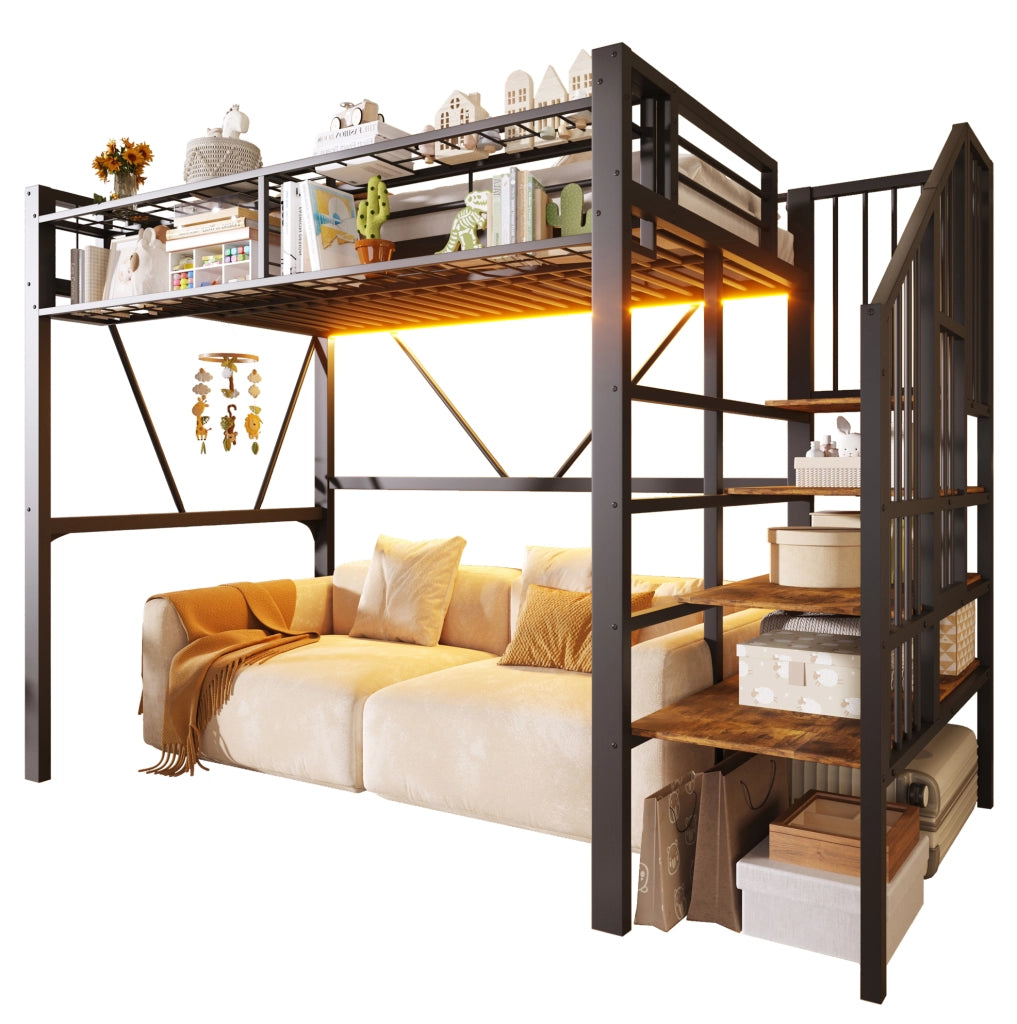 Letto a soppalco 251.5x113x170 cm con scaffale a gradini; elementi a griglia e luce LED; MDF e metallo; nero