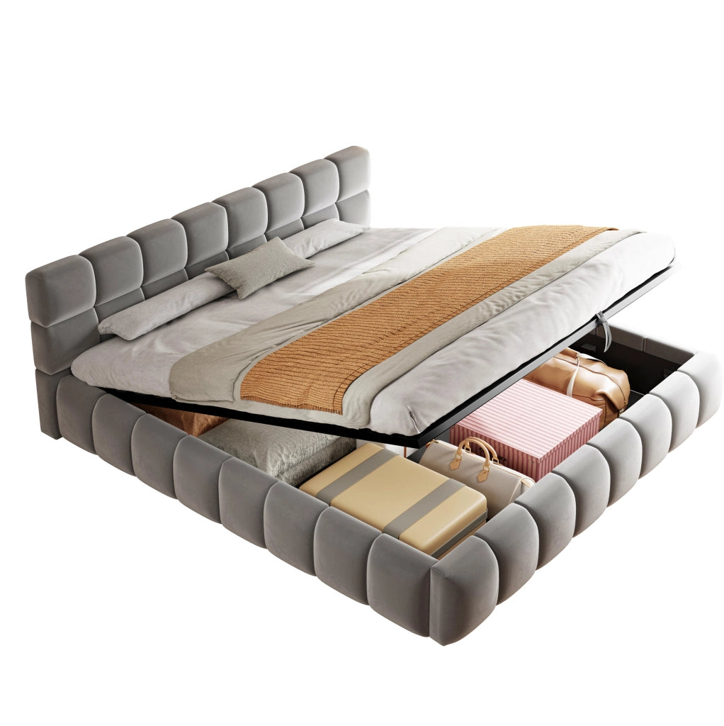 Letto matrimoniale imbottito 160x200 cm in velluto grigio con LED e contenitore idraulico