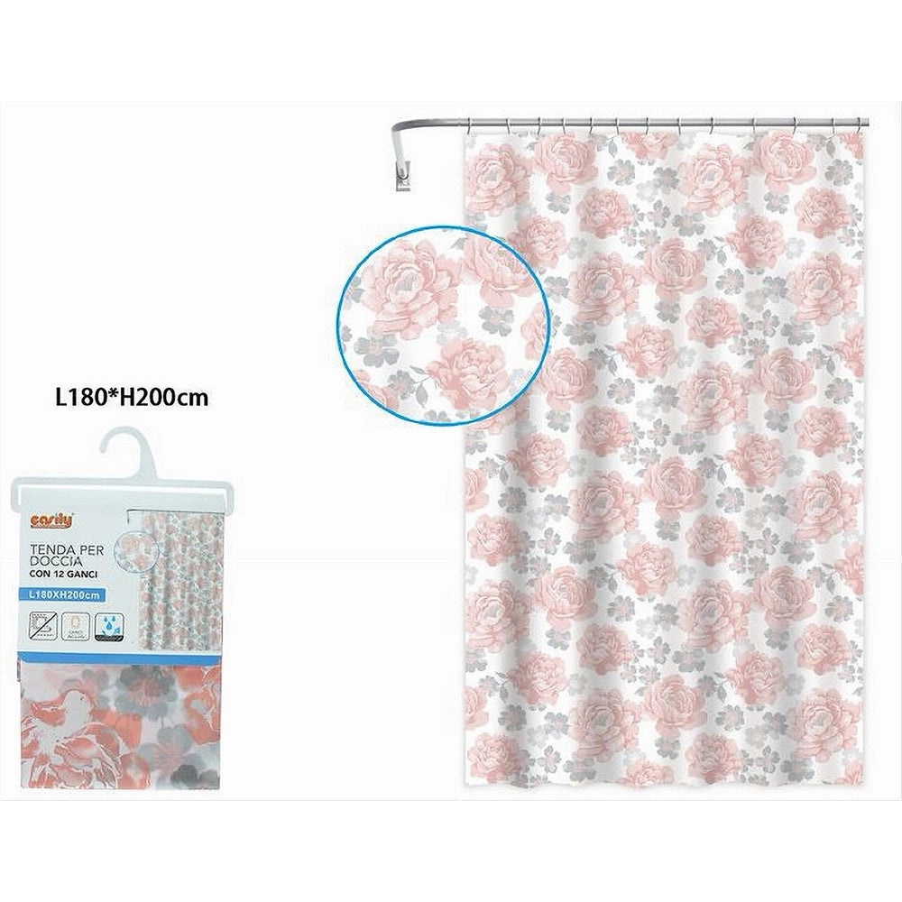Trade Shop - Tenda Per Doccia Vasca Da Bagno 12 Ganci Stampa Fiori Rosa Grigi 180x200cm 87575 -