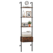 Libreria a scala a 5 ripiani con cassetto-Scaffale da parete alto 177,5 cm con struttura in metallo Marrone
