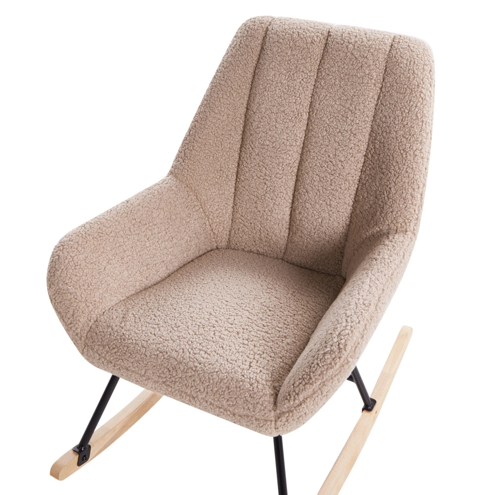 Sedia a dondolo Rivestimento in bouclé beige Teddy Metallo Gambe nere Braccioli Ampio schienale Soggiorno