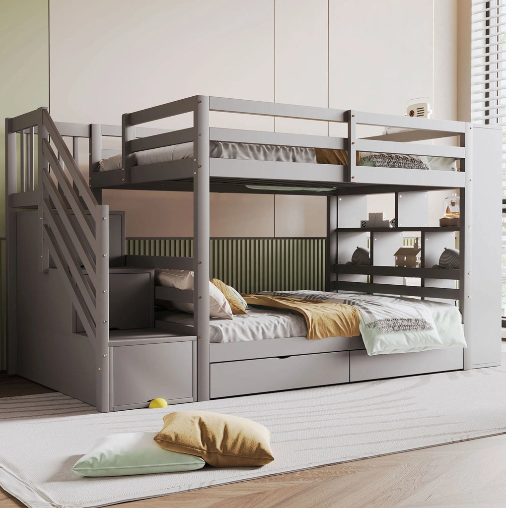 Letto a castello modulare 90x200 cm in legno grigio con scala contenitore e cassetti