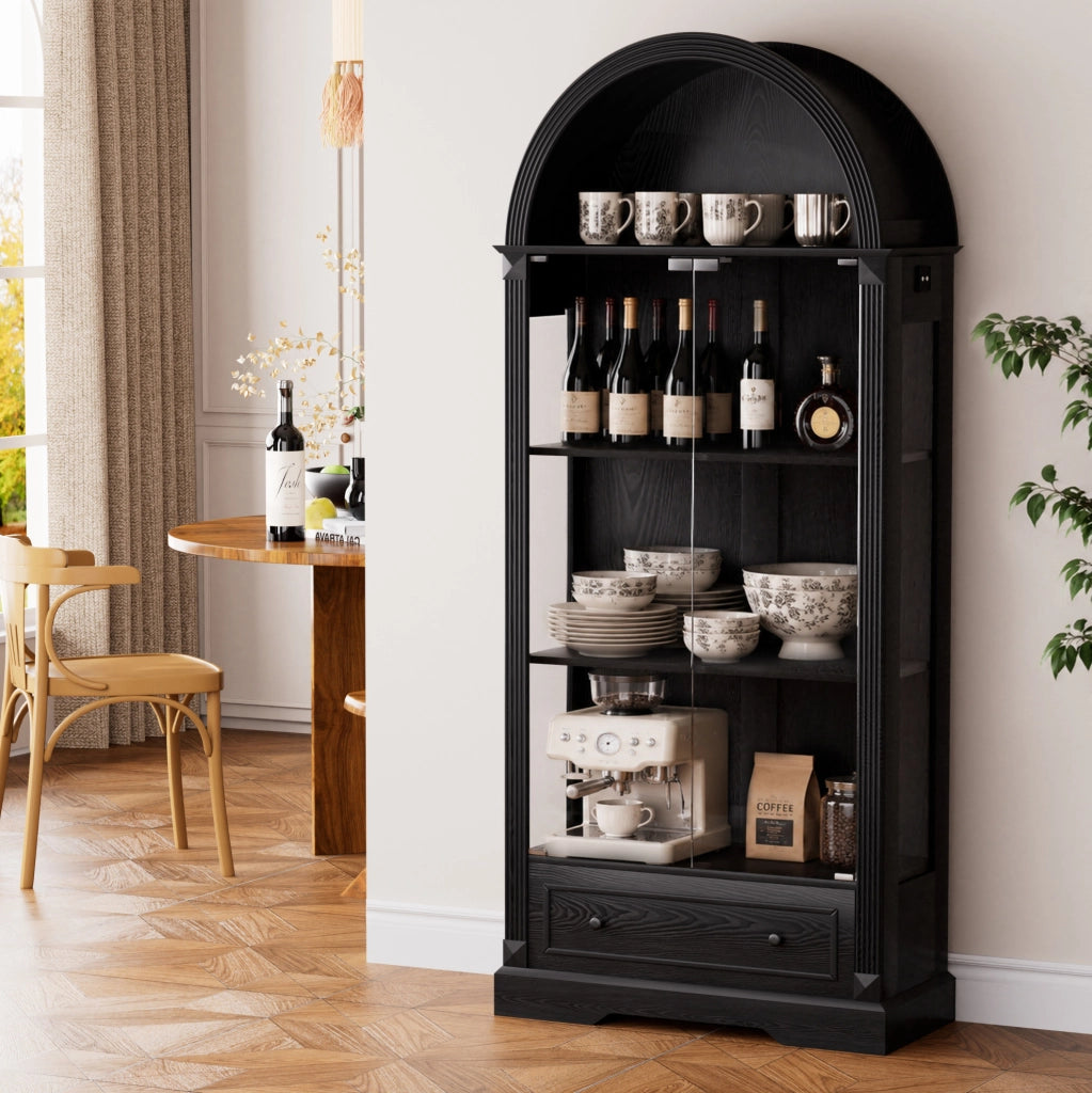 Vetrina ad arco in MDF e vetro con LED a sensore; 80 × 35 × 180 cm; nera