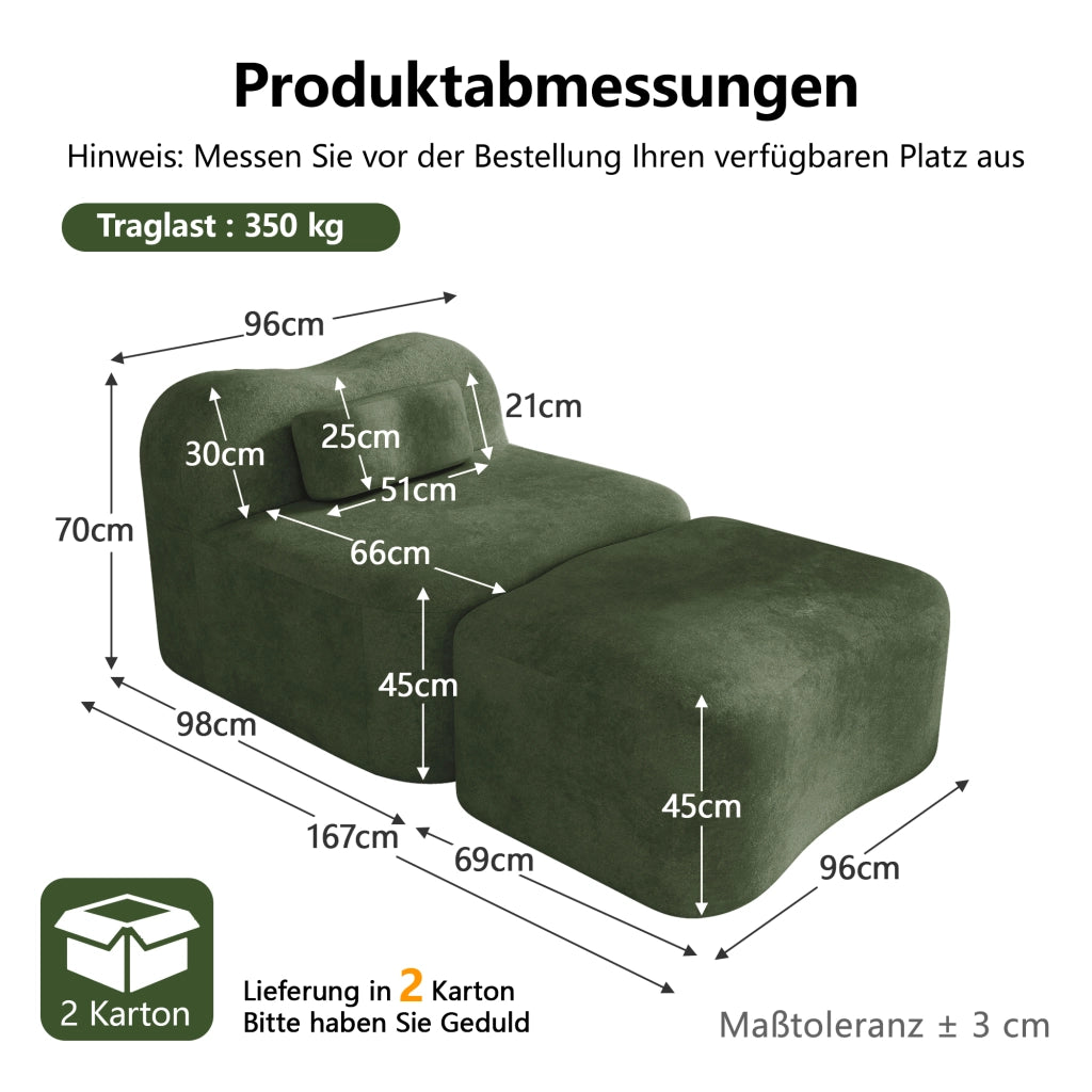Divano con poggiapiedi ¨C Minimal ¨C verde tessuto morbido cuscini mobili