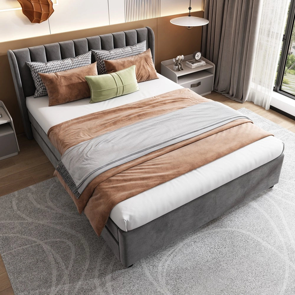 Letto imbottito con cassetti ¨C Minimal ¨C Grigio velluto 140x200 cm con rete a doghe