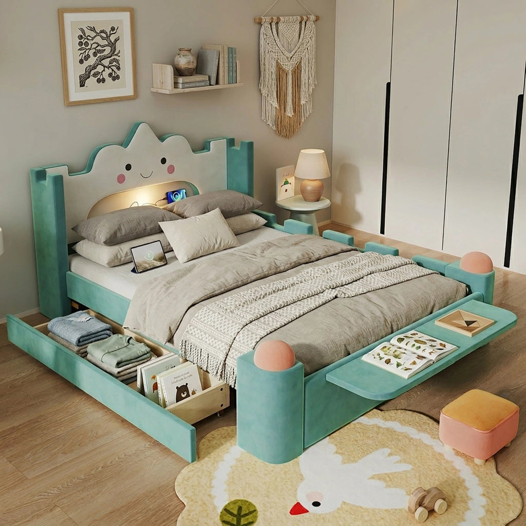 Letto per bambini 140 × 200 cm con lampada da lettura e USB, cassetto contenitore, senza materasso, velluto blu-verde