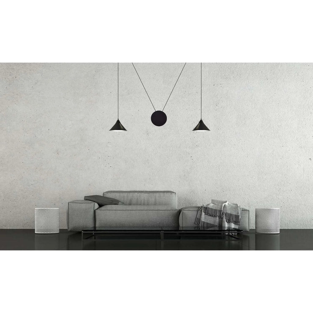 Sospensione Minimal 2 Luci Fujin In Acciao Nero E Paralume A Cono