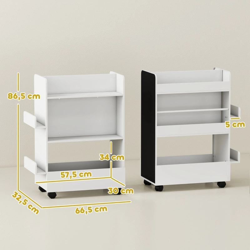 LIBRERIA PER BAMBINI 66,5x32,5x86,5 cm Bianca con ruote e lavagna