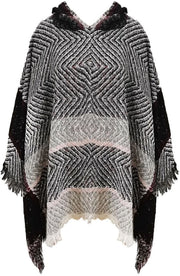 Poncho Donna - Poncho Caldo con Cappuccio - Poncho a Maglia - Casual/Moderno - Frange a Strisce/Estate - 100% Poliestere - Capa