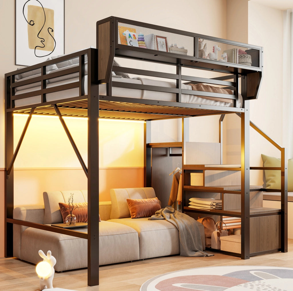 Letto a soppalco 140x200 in metallo con LED e scala