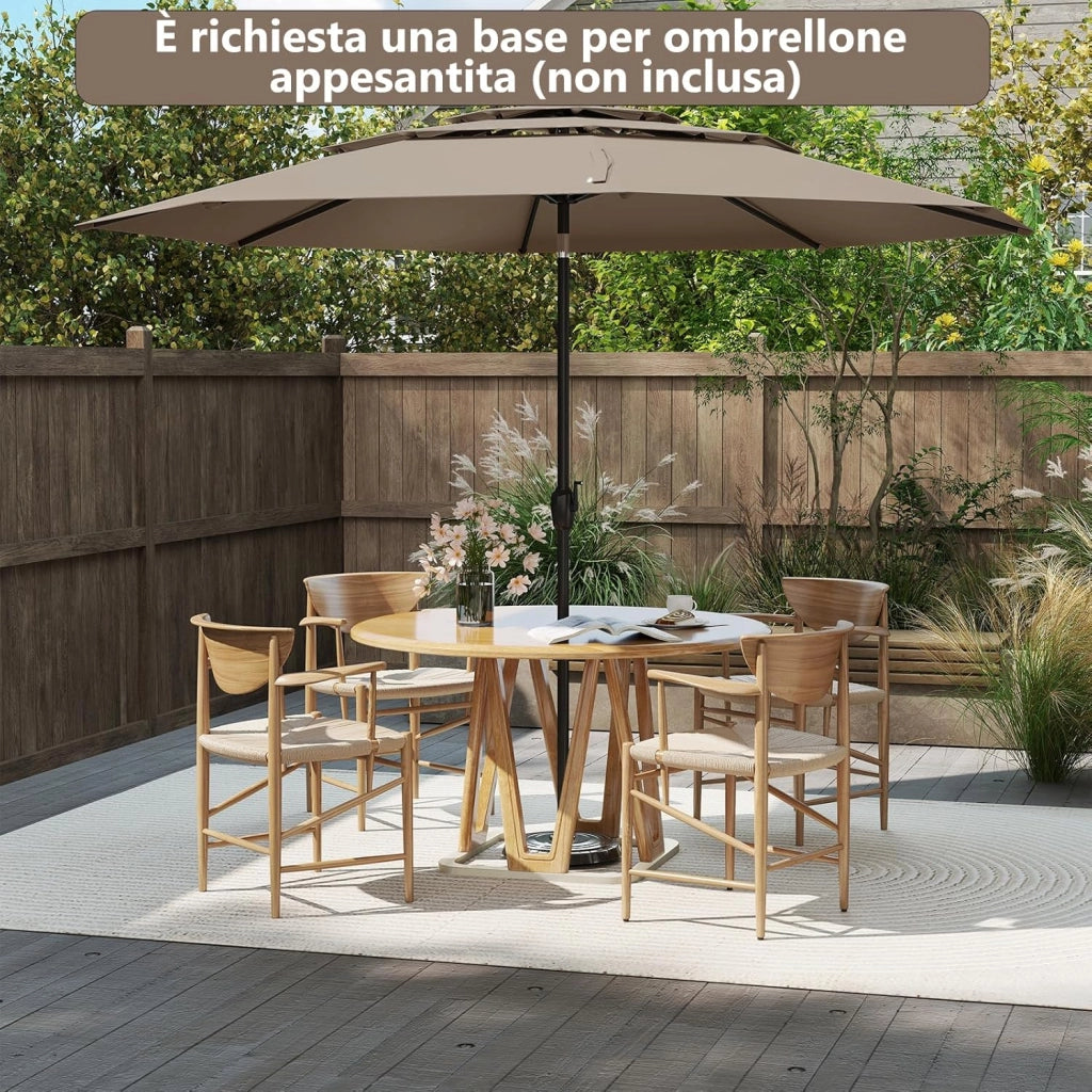 Ombrellone da Giardino 300 cm, Ombrellone Esterno con Inclinazione Regolabile, Ombrellone a 3 Livelli con Manovella 8 Stecche, per Giardino Piscina Cortile (Marrone)
