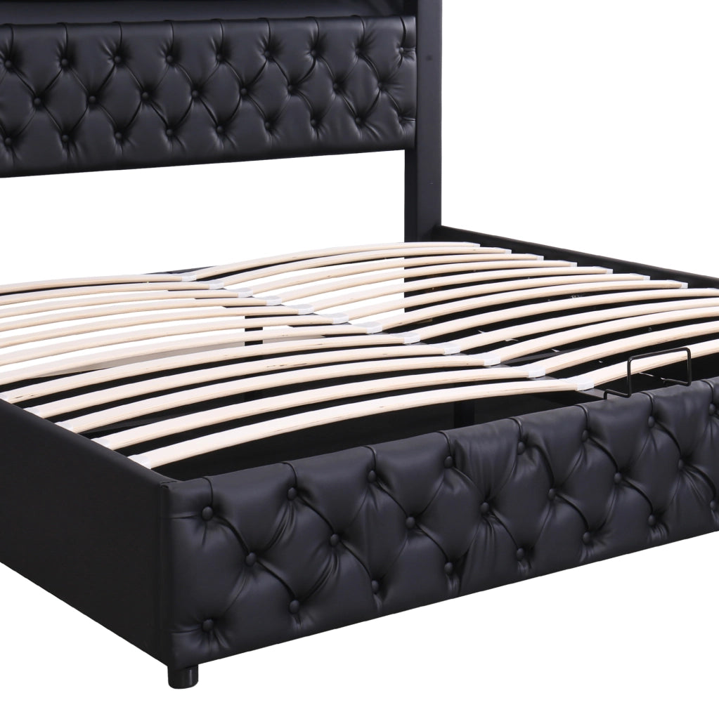 Letto imbottito 180x200 cm con contenitore; rete a doghe e LED; nero PU