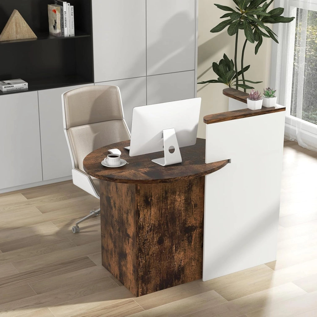 Scrivania ovale e bancone a forma di L, 120 x 70 x 100 cm, per ufficio, atrio, clinica (bianco+marrone)