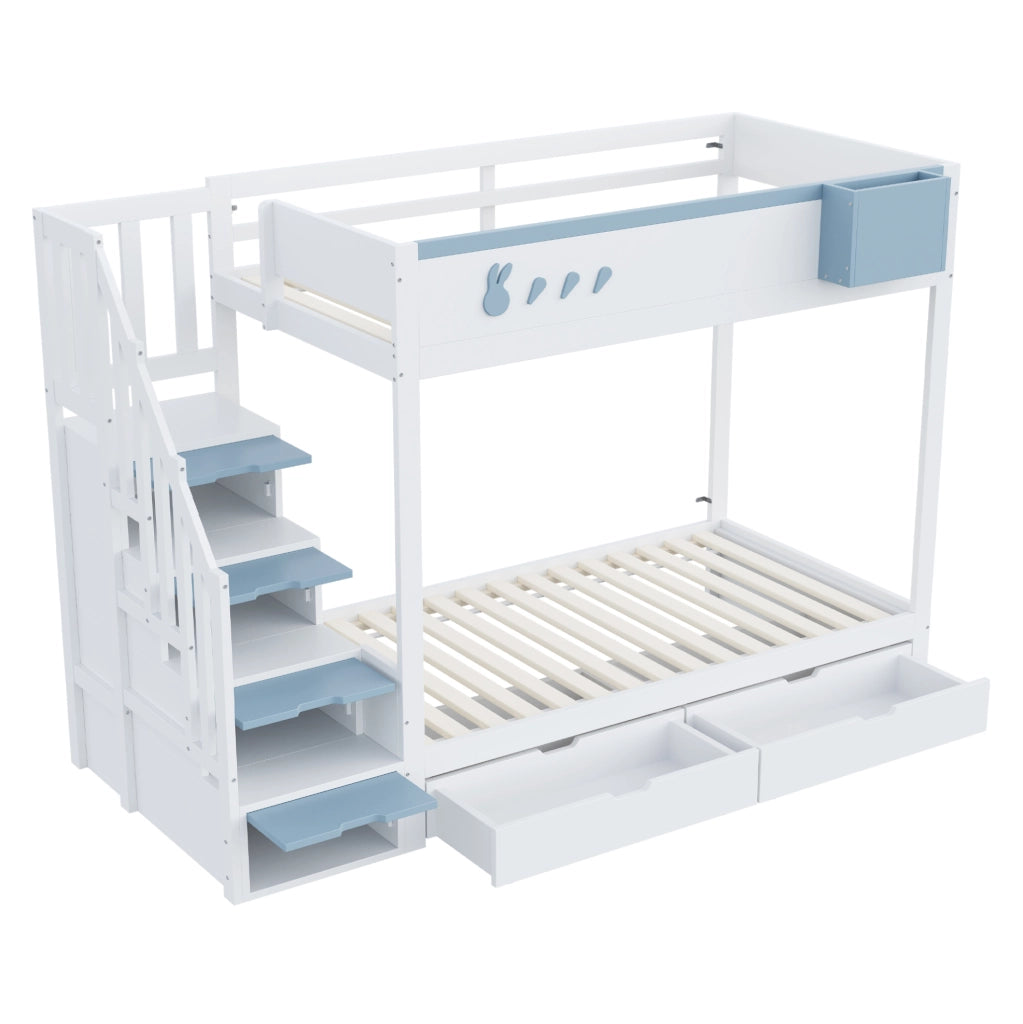 Letto a castello 90x200 cm con cassetti e ripiano rimovibile in pino, compensato e MDF bianco e blu