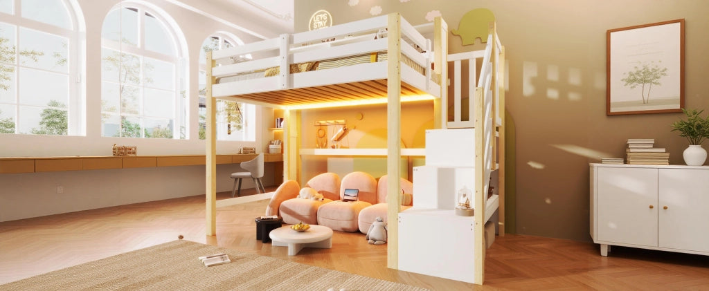 LETTO a soppalco 90x200 cm Bianco/Naturale con scala contenitore e LED