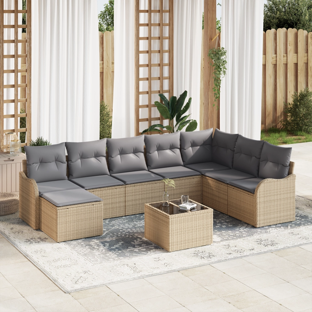 Set Divano Giardino 9 Pezzi con Cuscini Rattan Nero in Polyrattan