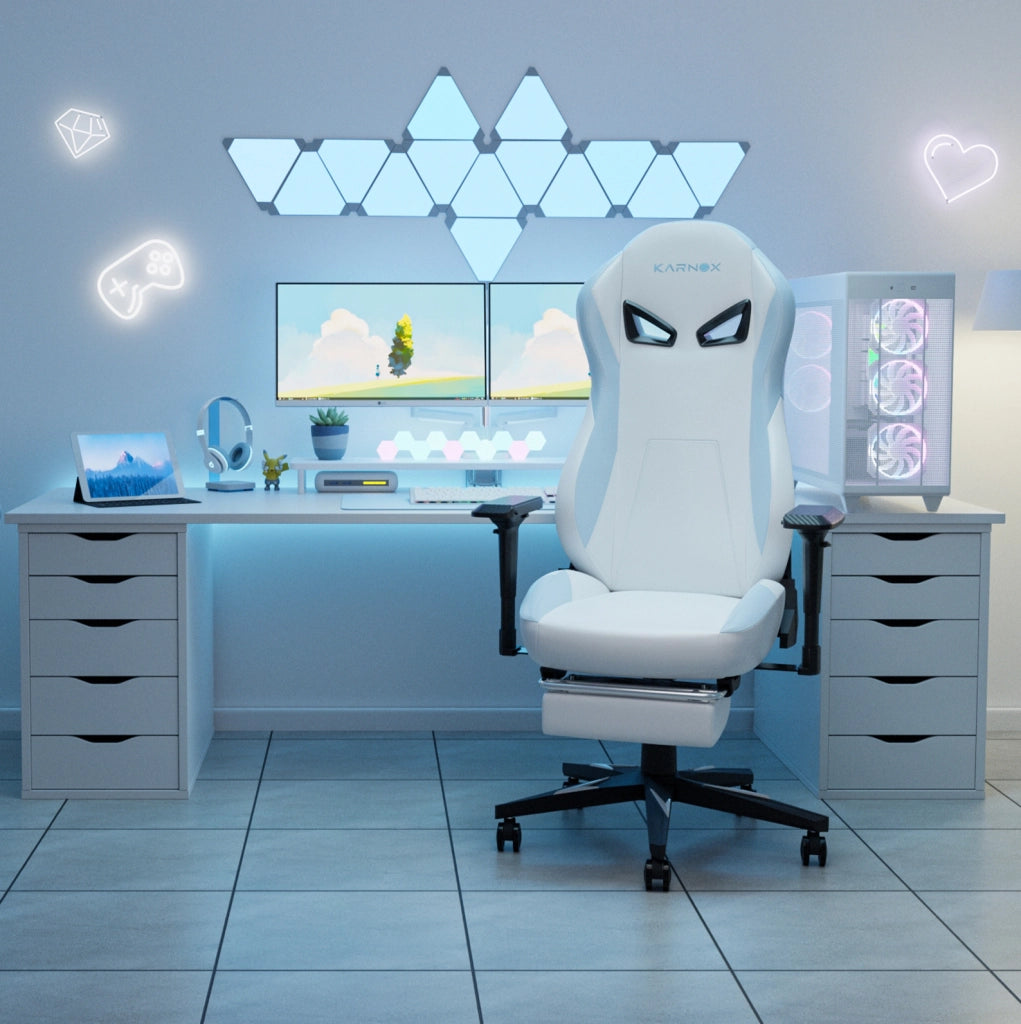 Sedia gaming ergonomica 60x53x132 cm bianca e blu, poggiapiedi, similpelle