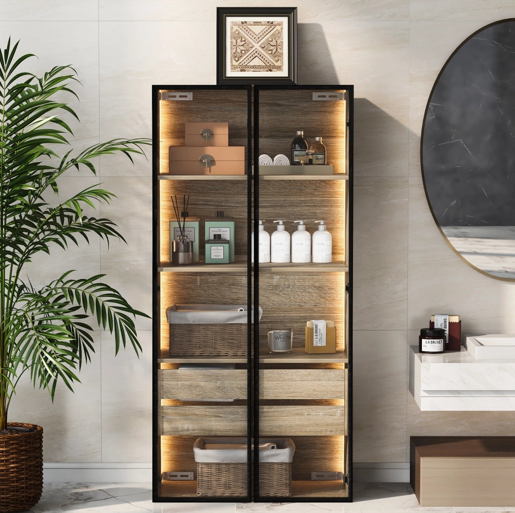 Mobile contenitore multifunzione con LED integrato; 73 cm; in MDF naturale e vetro satinato