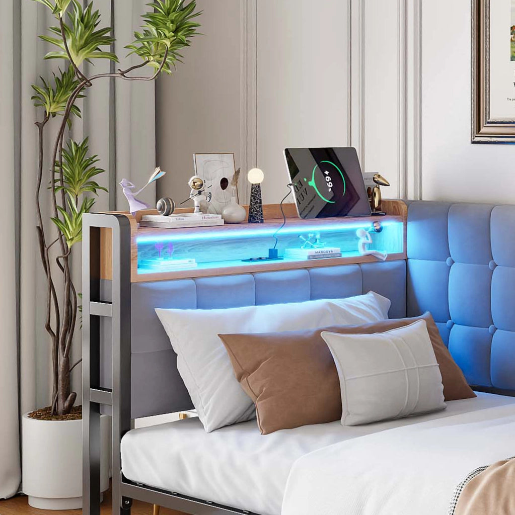 Divano letto 90x200 cm con 2 cassetti, LED, USB e USB-C in velluto grigio