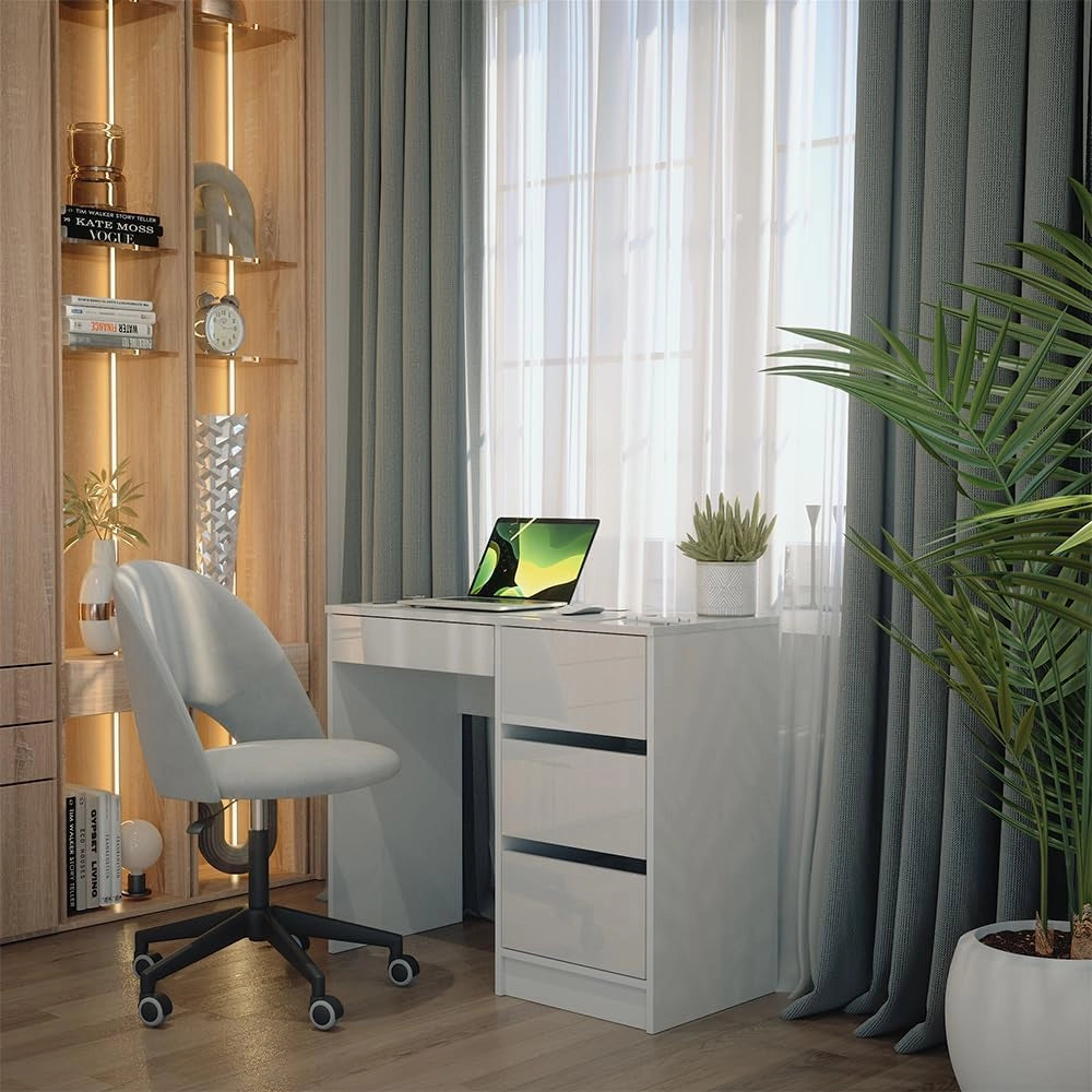 Scrivania Sherry, Bianco lucido, 90 x 40 cm con cassetti, adatto per un utilizzo salvaspazio in piccoli spazi di lavoro