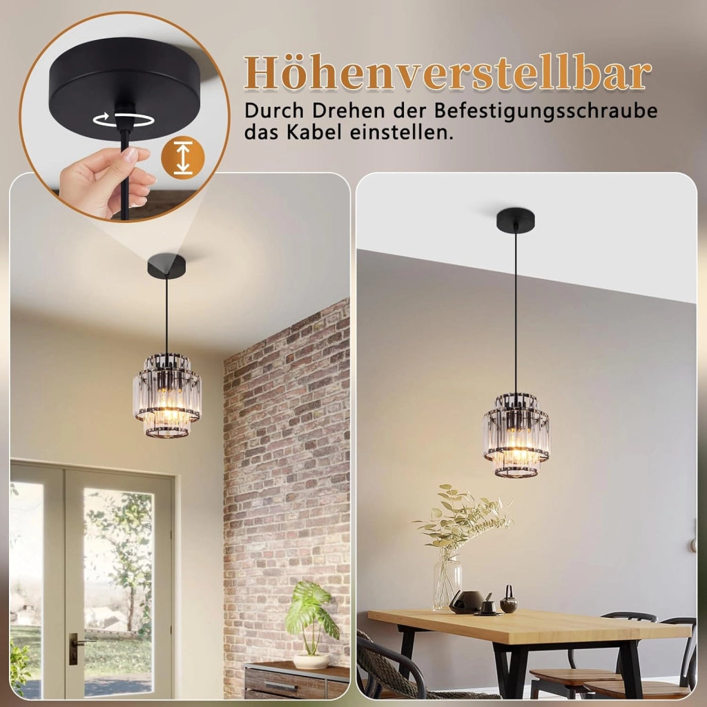 ZMH Lampada a Sospensione 1 Luce E27 Nera Pendente in Cristallo Vintage Regolabile Per Soggiorno Lampadina Non Inclusa