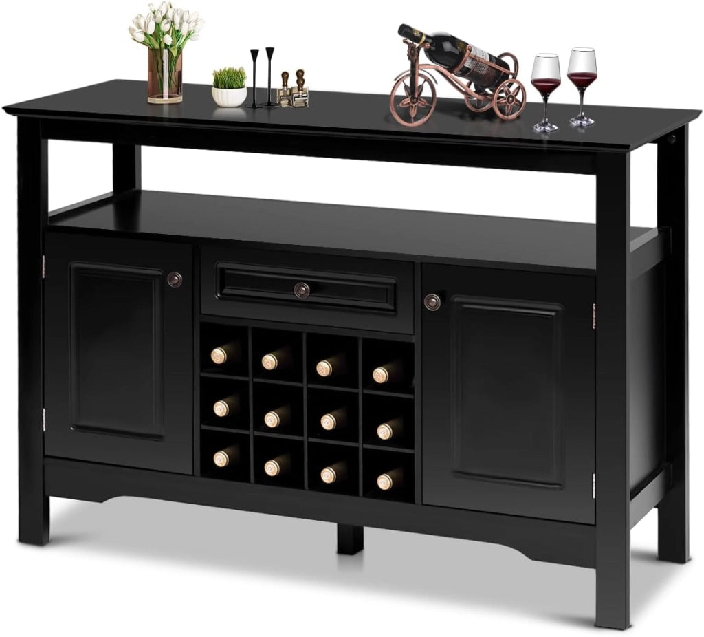 Mobiletto Multioso a Buffet, Credenza Cucina con 2 Ante, 1 Cassetto, 12 Cubetti di Vino, 2 Ripiani, Armadietto da Soggiorno, Credenza Cucina Salvaspazio in Legno, 116 × 40 × 82 cm