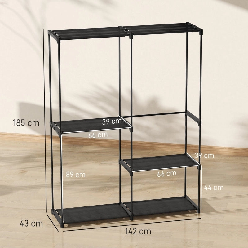 Appendiabiti portatile, struttura in metallo, ripiani in tessuto, ampio spazio, colore nero.