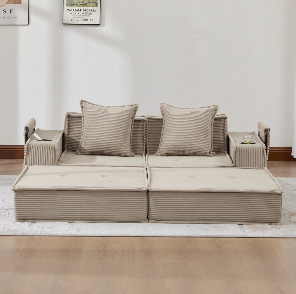Divano letto 162x78x66 cm in tessuto cord khaki modulare con cuscini